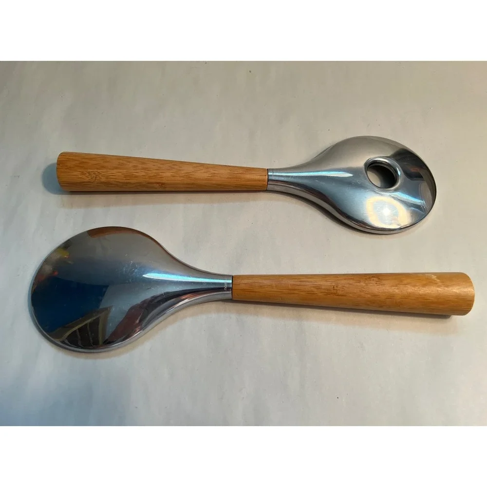 Nambe‎ Modernist Light Teak Wood / Stainless Steel Salad Serving Set